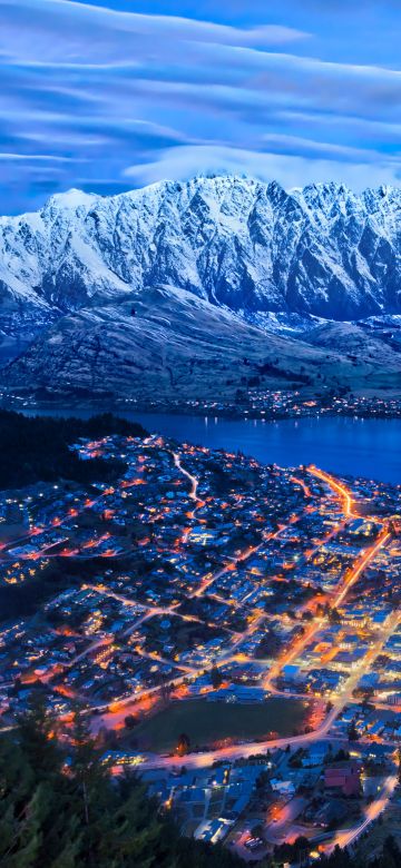 Queenstown, New Zealand, Lake Wakatipu, Snow mountains, Cityscape, Night lights, Blue Sky, Clouds, 5K