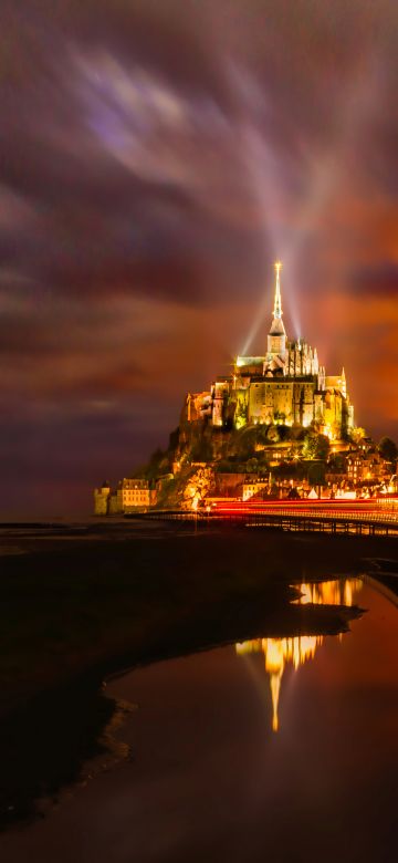 Mont Saint-Michel, France, Cathedral, Monastery, Church, Night time, Light Streaks, Island, Orange, Red, 5K