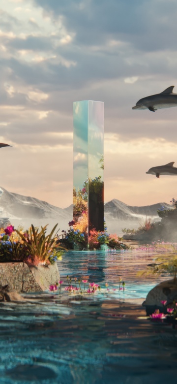 Surreal, Paradise, Dolphins, Mystical, Monolith, Ancient, Dreamlike, Scenic, Ethereal, Magical, Floral, 5K, Reflections