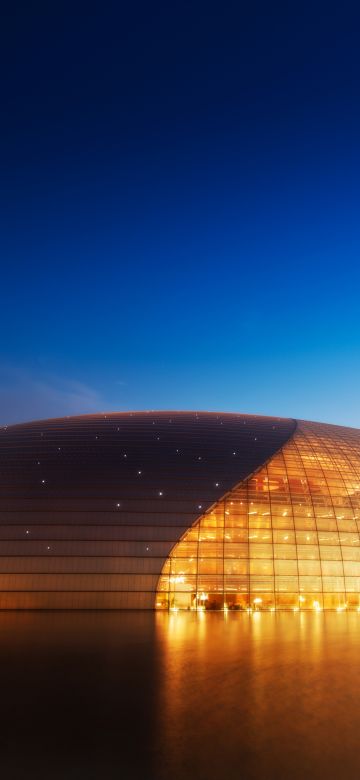 National Centre for the Performing Arts, China, Modern architecture, Blue Sky, Clear sky, Evening, Lights, Orange, 5K