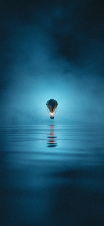 Hot air balloon, Foggy night, Misty, Reflections, Serene, Aesthetic, Minimalist, Atmospheric, 5K