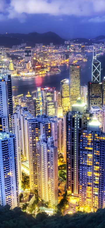 Hong Kong City, Metropolis, Aerial view, Night lights, Cityscape, Sunset, Skyscrapers, Vibrant, Clouds, River