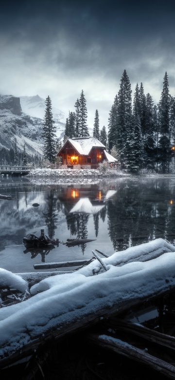 Cozy, Winterscape, Cabin, Snowy Trees, Winter forest, Winter snow, Frozen lake, Serene, Wilderness, Isolated, Snow mountains, 5K