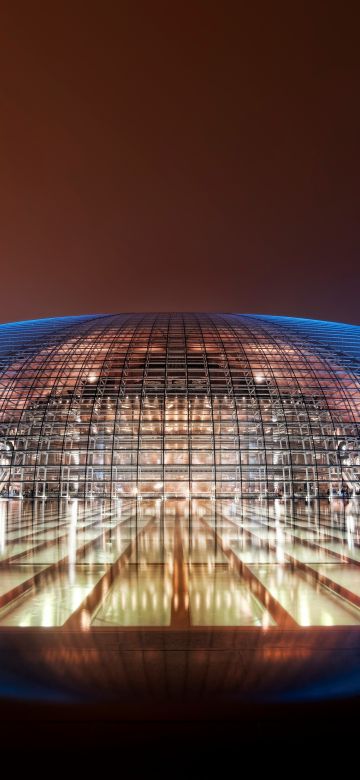 National Centre for the Performing Arts, China, Blue light, Glass, Modern architecture, Dome, Reflection, Clear sky, Night lights, 5K