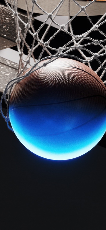 Basketball, Slam dunk, Illuminated, Glowing, Basketball backboard, Basketball ring, Minimalist, 5K, Dark aesthetic