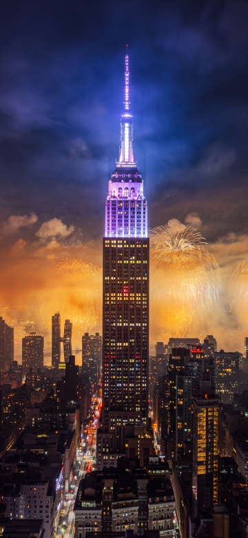 Empire State Building, Fireworks, New York City, Night City, Skyscrapers, Metropolitan, Iconic, Cityscape, City lights, 5K, 8K