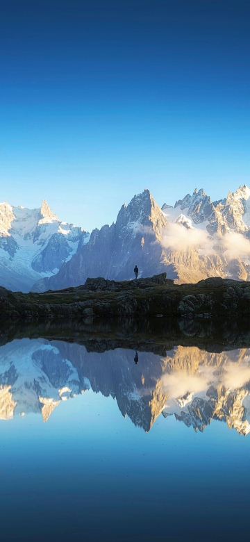 Mont Blanc massif, Alps mountains, 5K, Reflections, Snow mountains, Snow covered, Blue Sky, Wilderness, Serene, Scenic, Blue aesthetic