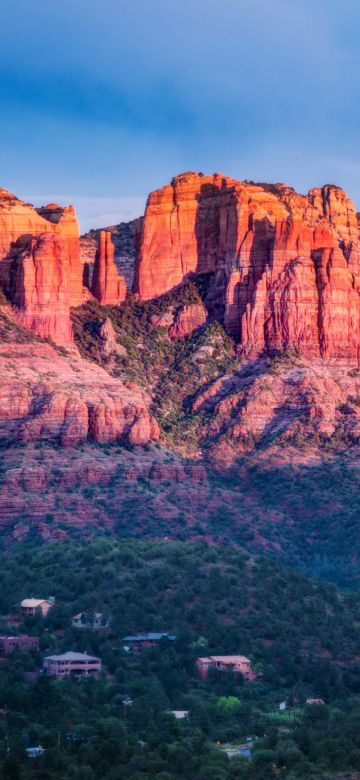 Sedona Red Rocks, Valley, Mountain range, Sunset, Sky view, Blue, Green Trees, Landscape, 5K, 8K