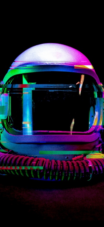 Astronaut helmet, Glitch art, Cyberpunk, Distortion, Futuristic, Holographic, Dark aesthetic, Dark background, 5K, 8K