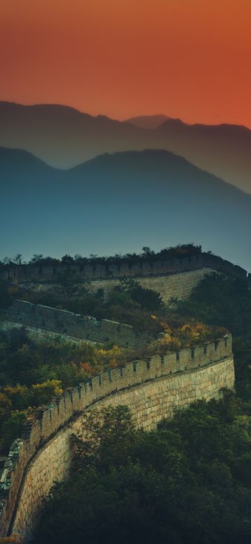 Great Wall of China, Sunset, Orange sky, Mountains, Beijing, Green Trees, Aerial view, 5K