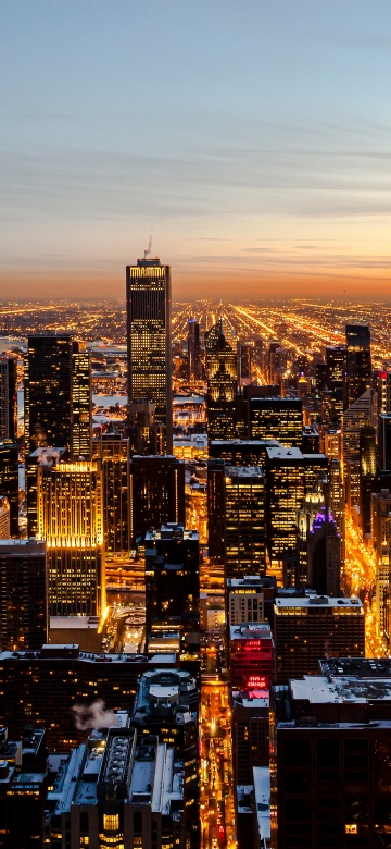 Chicago, Downtown, Sunset, Skyline, Cityscape, Dusk, Skyscrapers, City night, Metropolitan, Aerial Photography, Urban, 5K