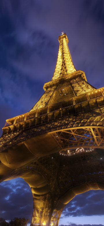 Eiffel Tower, Night lights, Paris, Lights, Sky view, Clouds, Iconic, Metal structure, 5K, France