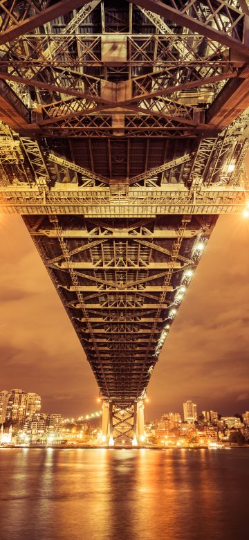 Sydney Harbour Bridge, Illuminated, Australia, Cityscape, River, Reflection, Nightscape, Sky view, Orange, Bright, City lights, 5K, 8K