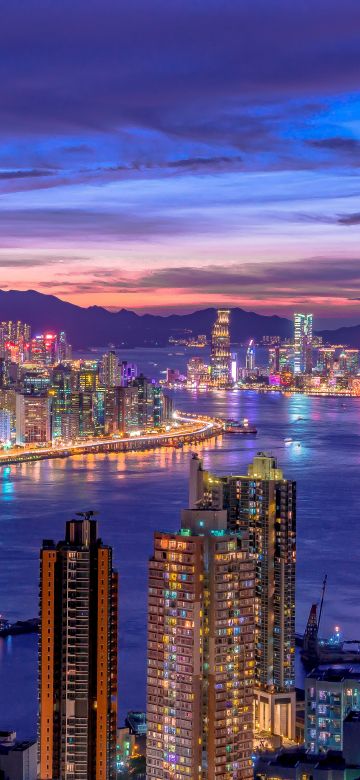 City Skyline, Night life, Cityscape, Hong Kong, Skyscrapers, Purple sky, River, Sunset, Night lights, 5K