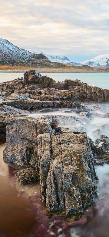 Skagsanden beach, Cliff, Rocks, Ocean blue, Sky view, Clouds, Snow mountains, Lofoten islands, Seascape, 5K