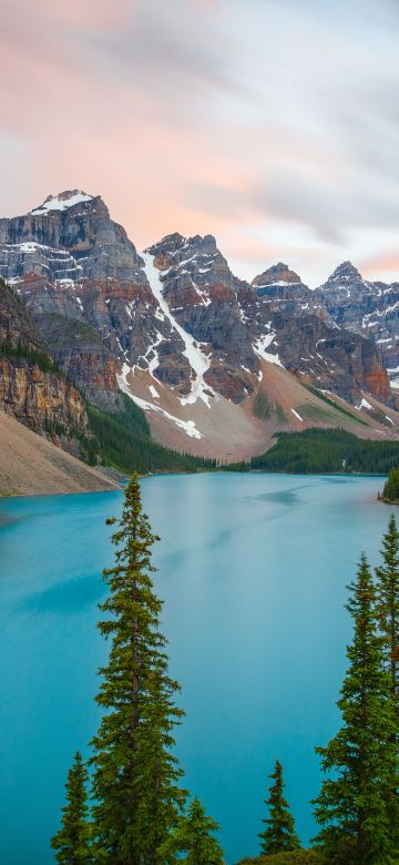 Snow mountains, Moraine Lake, Alberta, Glacier, Valley, River, Landscape, Trees, Blue, Scenic, 5K, Canada