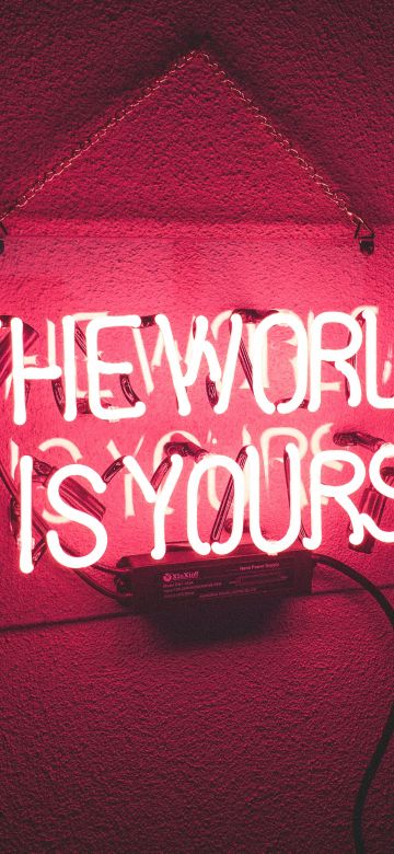 The World is Yours, Neon light, Red background, Neon sign, Glowing