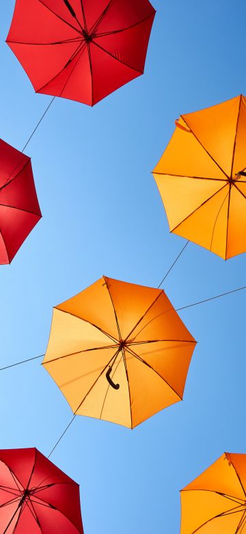 Umbrellas, Blue Sky, Colorful, Sky view, Multicolor, Pattern, Red, Yellow, 5K