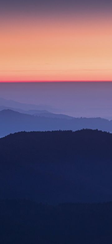 Sunset Orange, Sky view, Mountains, Foggy, Mountain range, 5K