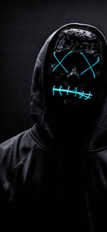 Neon Mask, Man in Black, Dark background, Hoodie, Blue light, 5K