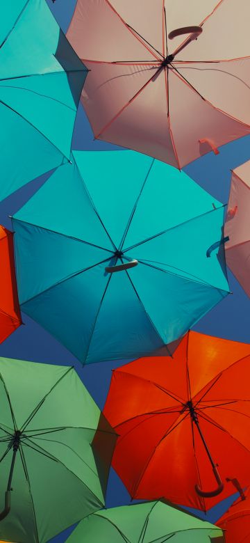 Umbrellas, Multicolor, Colorful, Vibrant, Sky view, Aesthetic, 5K