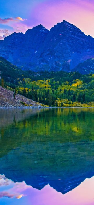 Rocky Mountains, Lake, Green Trees, Reflection, Purple sky, Sunset, Beautiful, Landscape, 5K