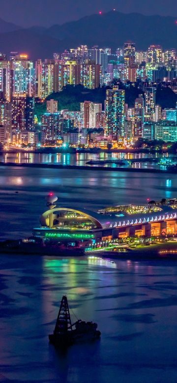 Hong Kong City, Aesthetic, Cityscape, Night life, Skyscrapers, Waterfront, Reflections, River, Night time, 5K