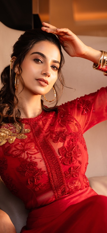 Meenaakshi Chaudhary, Vertical, Red dress, Indian actress, Portrait, 5K