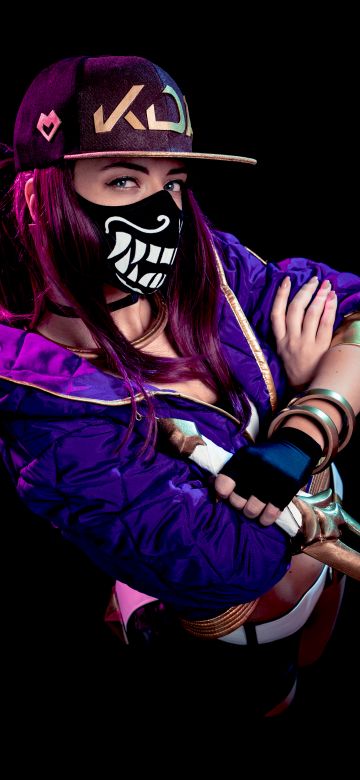 KDA Akali, AMOLED, League of Legends, Cosplay, Black background, Neon, 5K