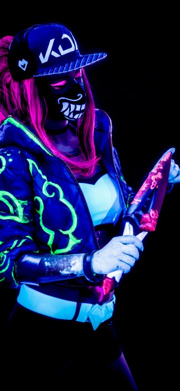 KDA Akali, Neon, League of Legends, Cosplay, Black background, 5K