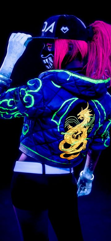 KDA Akali, 5K, Neon, AMOLED, League of Legends, Cosplay, Black background