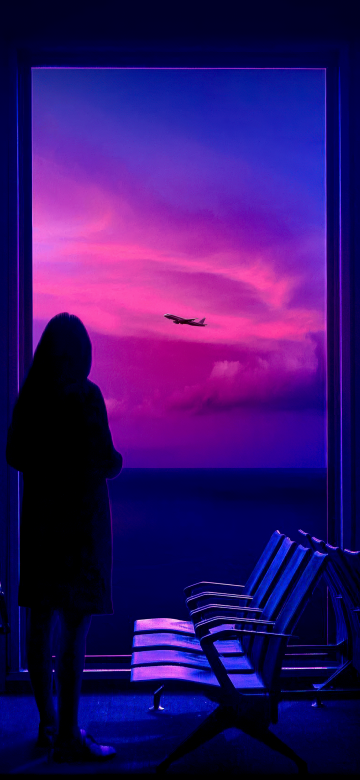 Lonely, Travel, Twilight, Silhouette, Journey, Night sky, Dreamy, Vivid, Purple aesthetic, Plane, 5K, AMOLED, Dark aesthetic, Black background