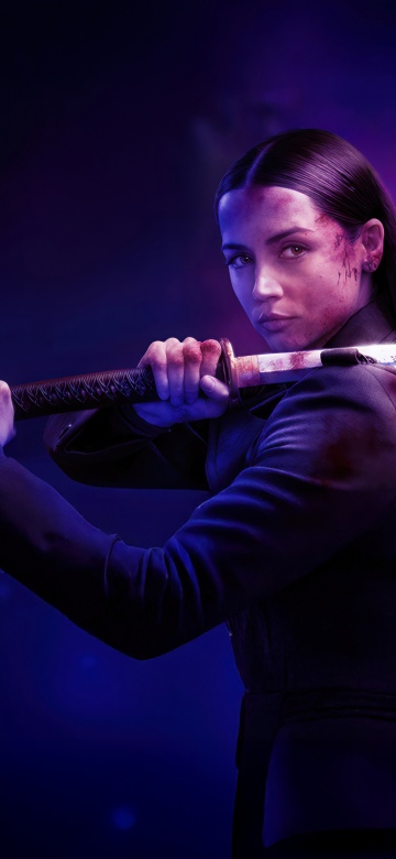 Ana de Armas, Katana, Ballerina, 2025 Movies, Neon text, Dark purple, 5K