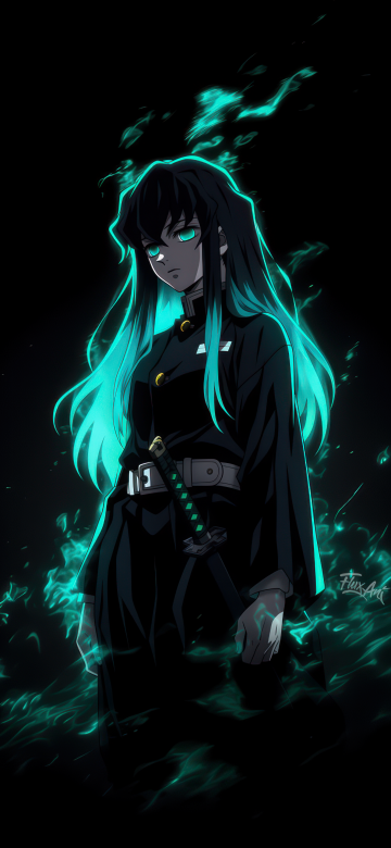 Muichiro Tokito, Neon glow, Dark aesthetic, 5K, Black background, Demon Slayer: Kimetsu no Yaiba
