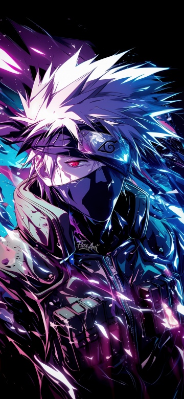 Kakashi Hatake, Vibrant, AI art, Naruto, Neon glow, 5K, Black background, AMOLED, Sharingan eye