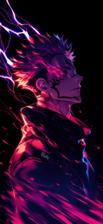 Sukuna, Electric, Jujutsu Kaisen, Neon pink, AMOLED, Black background, Neon glow