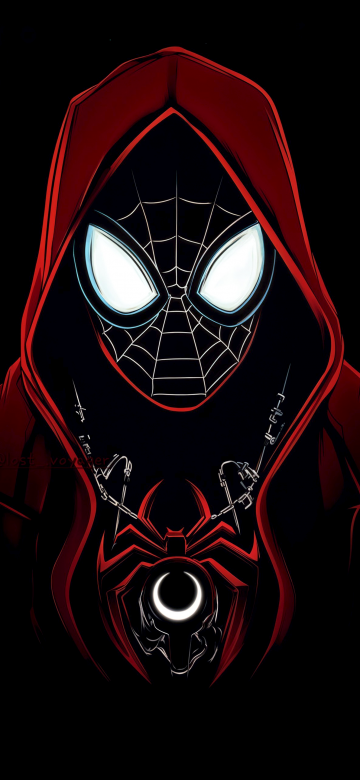 Miles Morales, Red Hoodie, Spider-Verse, Neon, Dark aesthetic, 5K, Black background, AMOLED