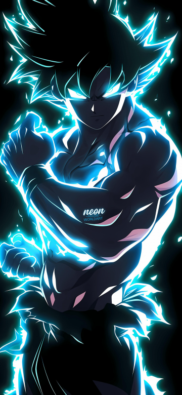 Goku Ultra Instinct, Electric, Dragon Ball, Neon glow, Black background, AMOLED, 5K