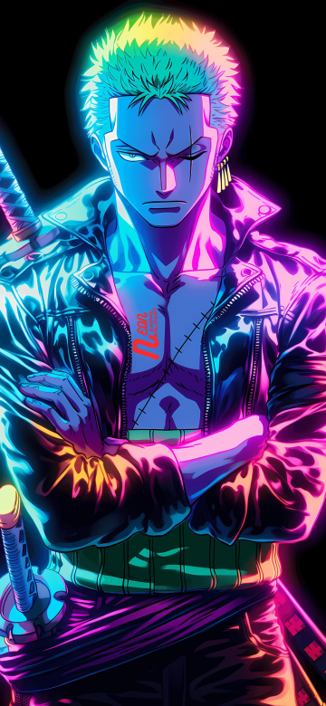 Roronoa Zoro, Neon glow, One Piece, Black background, AMOLED, 5K, Neon art