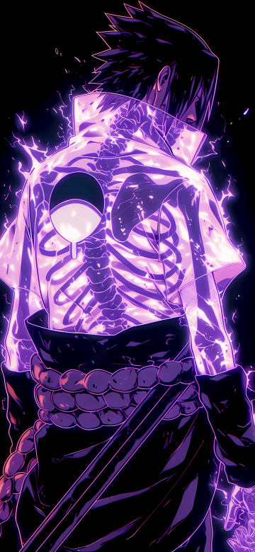 Sasuke Uchiha, Neon glow, Black background, AMOLED, Naruto, Neon purple, 5K