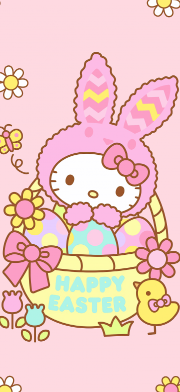 Hello Kitty, Easter bunny, Happy Easter, Pink background, 5K