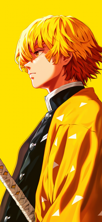 Zenitsu Agatsuma, Yellow aesthetic, 5K, Demon Slayer: Kimetsu no Yaiba, Yellow background, Katana