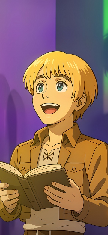 Armin Arlert, 8K, Minimalist, Attack on Titan, Reading book, Smiling, 5K, Colorful background