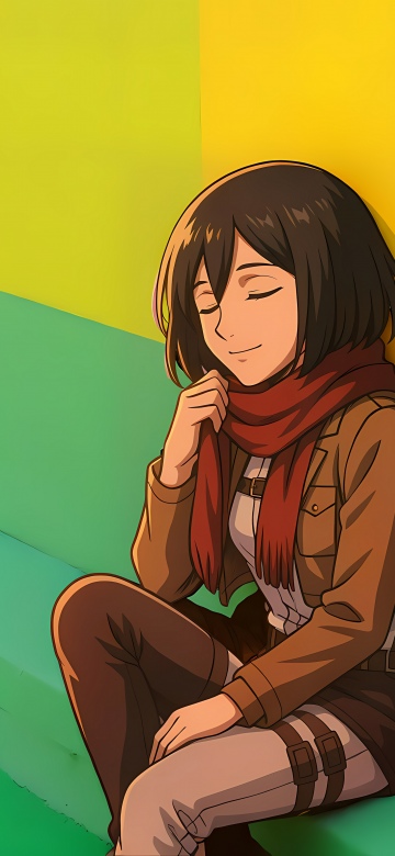 Mikasa Ackerman, 8K, Attack on Titan, Anime girl, Red scarf, Peaceful, Geometric, Yellow and green