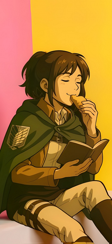Sasha Braus, 8K, Attack on Titan, Anime girl, Eating, Reading book, Relaxing, Colorful background, 5K