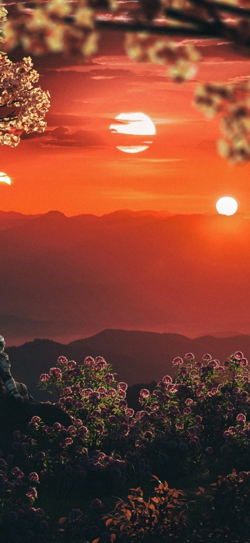 Astronaut, Sunset, Exoplanet, Cherry Blossom Trees, Mountains, Digital art, Relaxing, Dreamlike