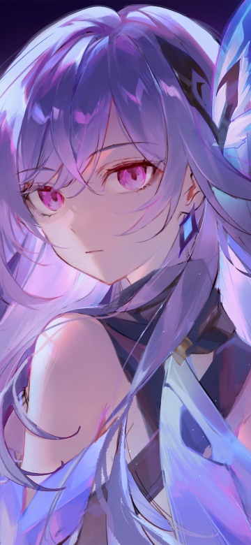 Genshin Impact, Skirk, Anime girl, Purple hair, Purple eyes, Stars, Ethereal