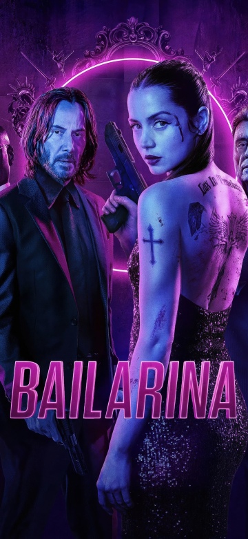 Ballerina, John Wick, Keanu Reeves, Ana de Armas, Movie poster, Action movies, Neon light, Neon purple, Tattoo, 5K, Dark background, Keanu Reeves as John Wick