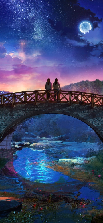 Couple, Fantasy landscape, Night sky, Milky Way, Bridge, River, Glowing elements