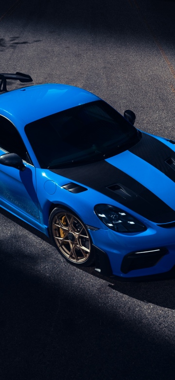 Porsche 718 Cayman GT4 RS, 8K, Blue car, Sports cars, Racing stripes, 5K